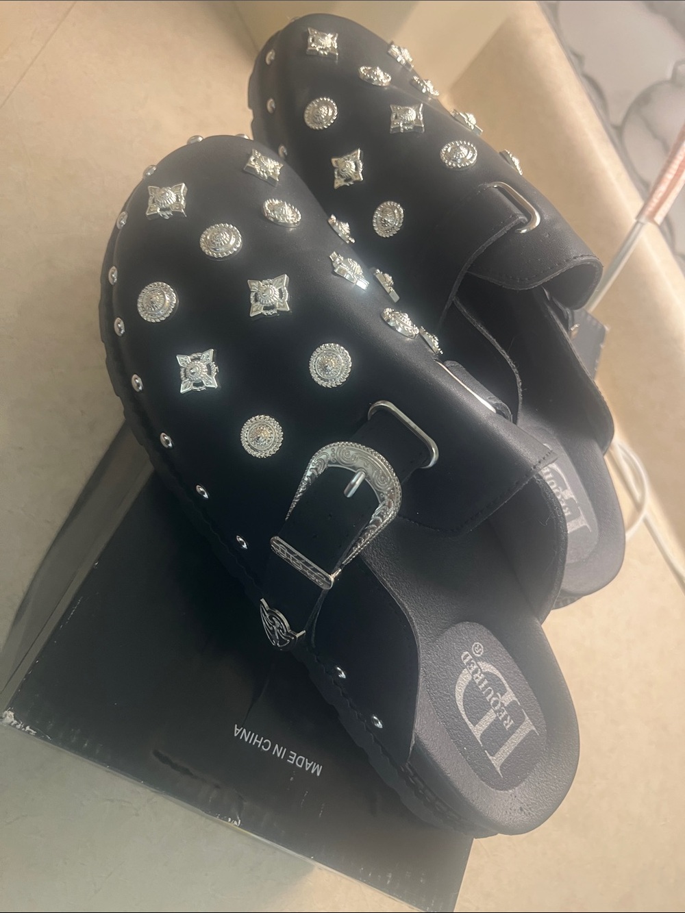 Black Studded Slip-On Clogs with Silver Embellishments - Picture 3 of 7